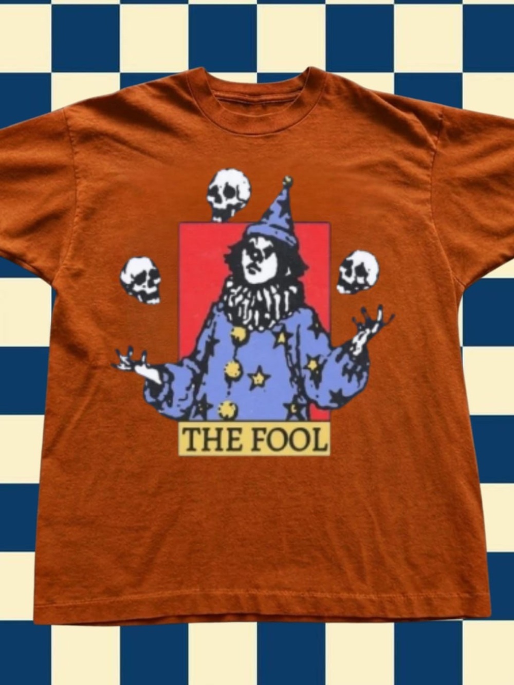 Gildan Rust Orange 'The Fool' Graphic Tee with Blue Costume Art
